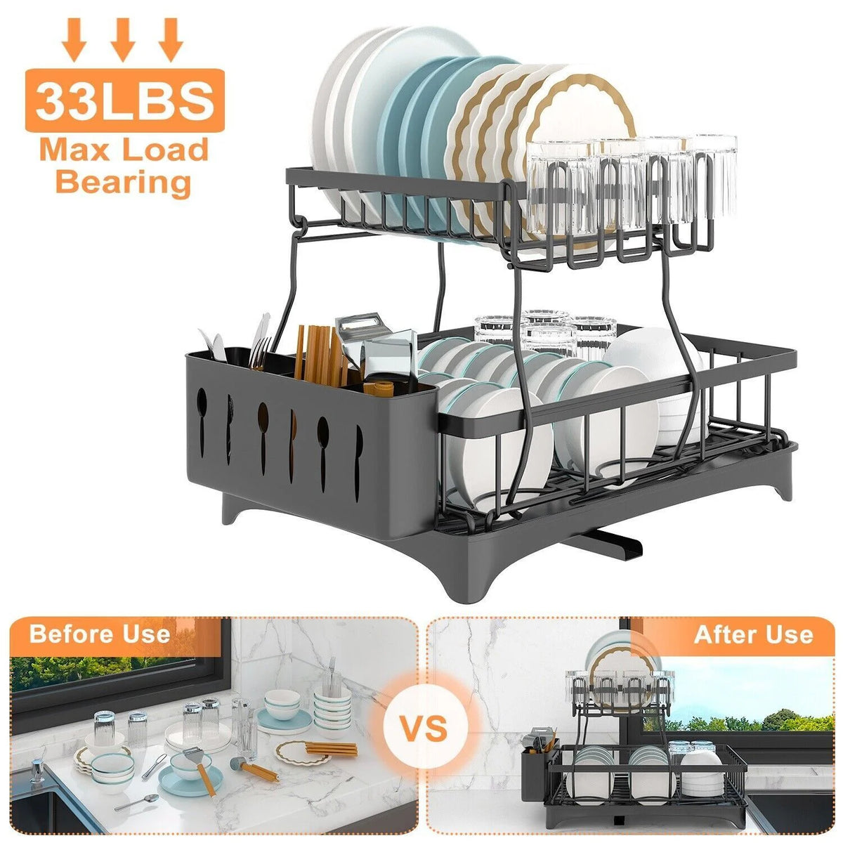 2 Tier Stainless Steel Dish Rack with Drainer J886