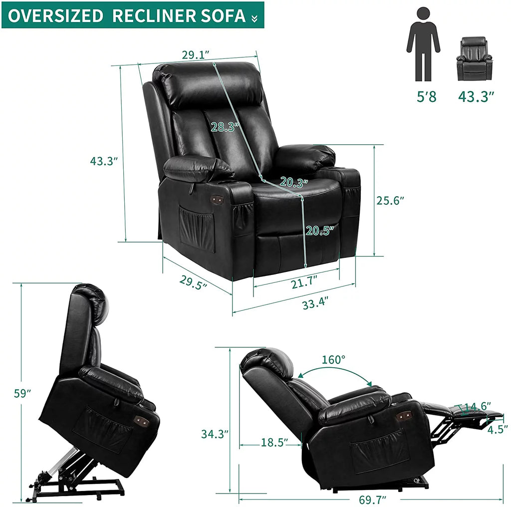 Black Faux Leather Power Lift Recliner Chair with Massage Heat E52727