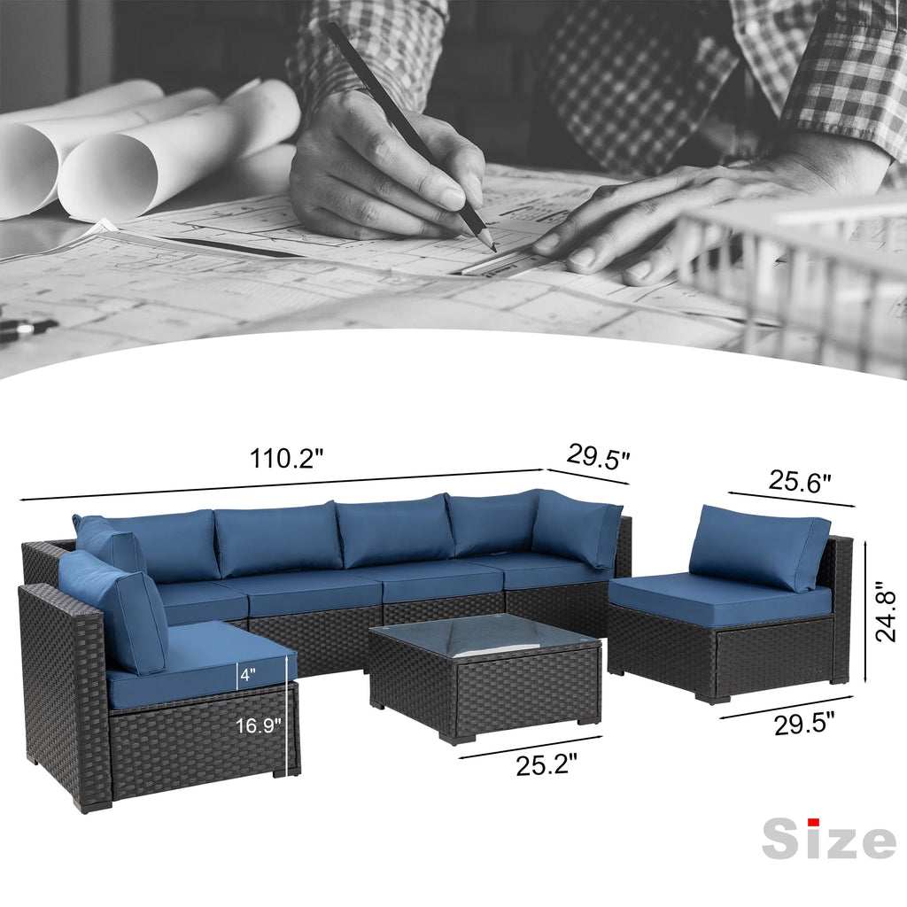 7 Pieces Black Wicker Outdoor Sectional Sofa Set with Tea Table Q666626