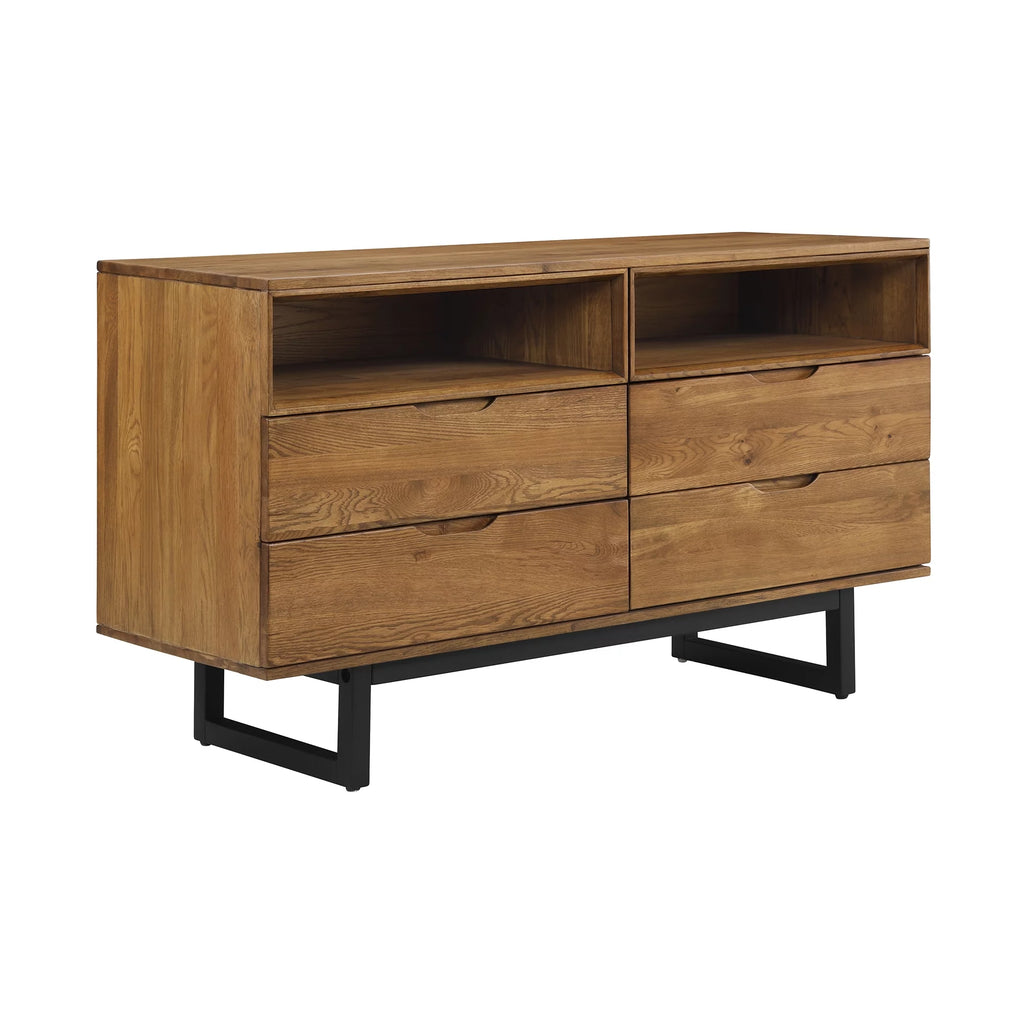 Brown Oak Wood 4 Drawer Dresser with Black Metal Legs N2578