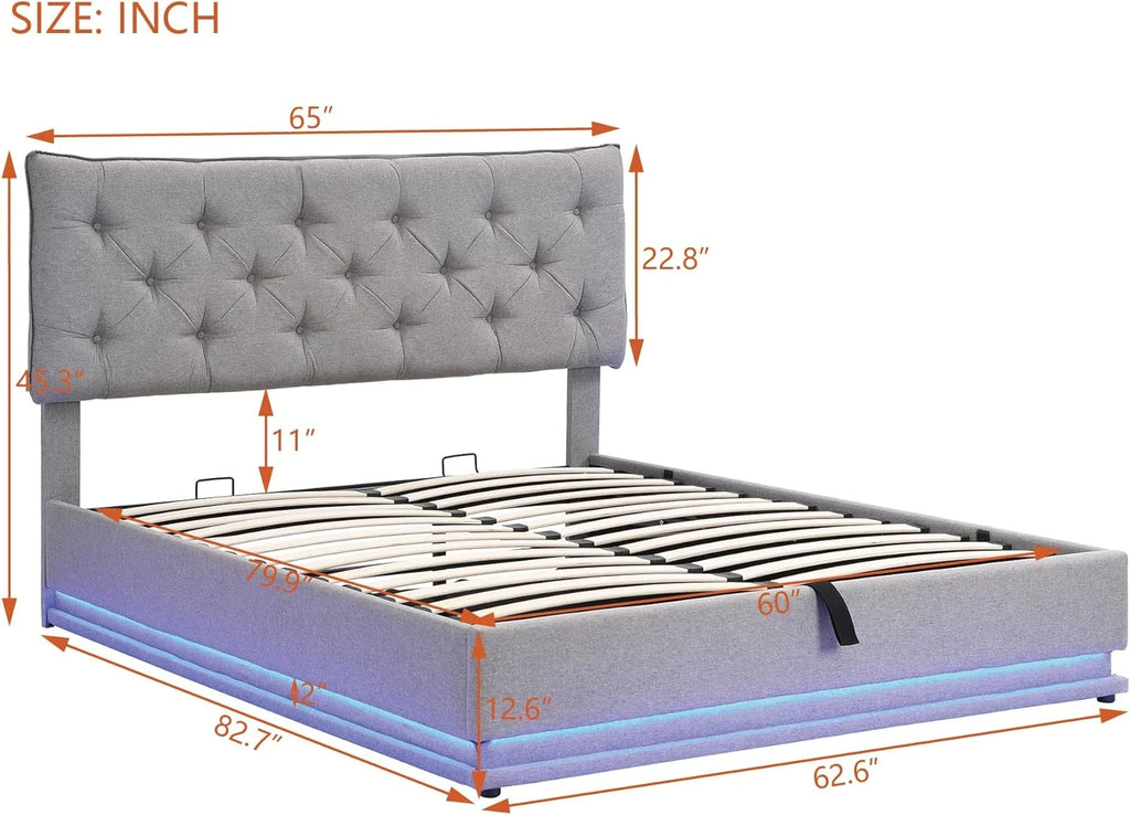 Queen Size Grey Linen Upholstered Storage Bed with LED Lights N311