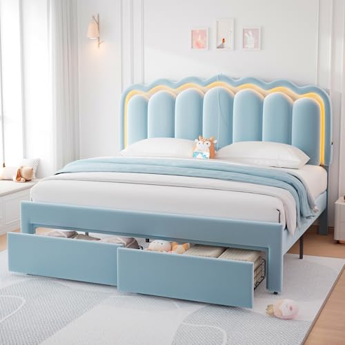 Beige Velvet Twin Upholstered Platform Bed with Storage Drawer Y7404