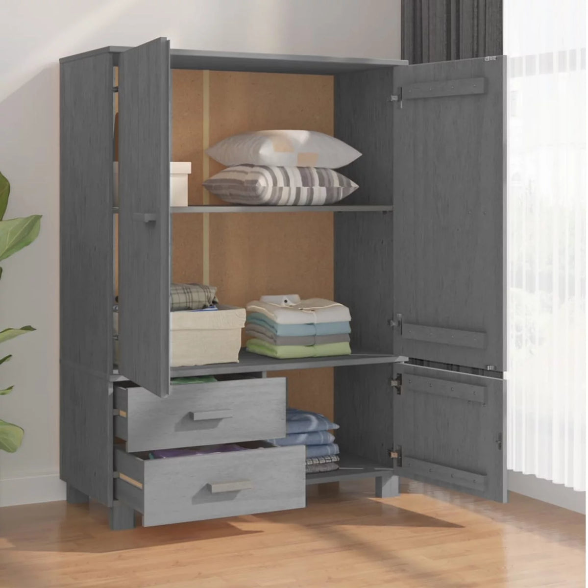Dark Gray Solid Wood Pine Wardrobe W386834