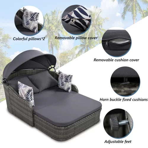 Gray Adjustable Canopy Outdoor Double Chaise Lounger C65304