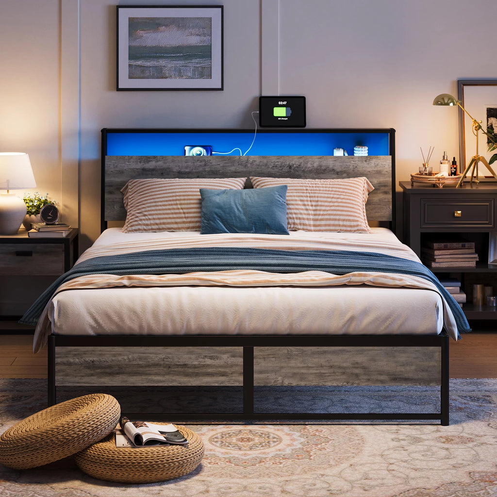 Full Size Platform Bed Frame with Headboard and Storage Shelves B934021
