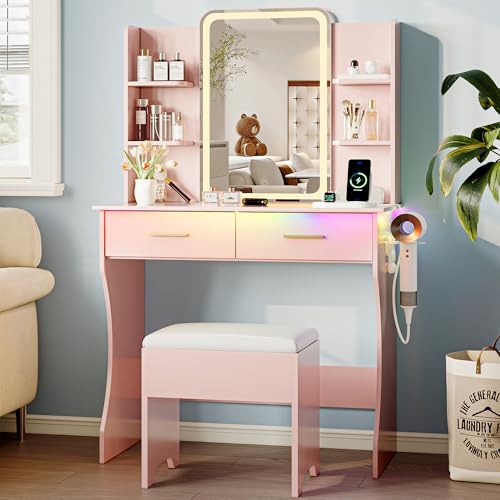 White Vanity Desk with LED Lights Mirror & Chair H709875