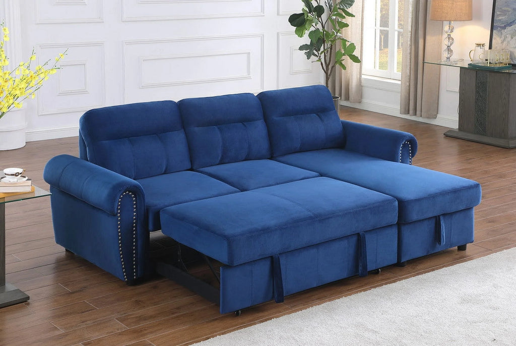 Blue Velvet Reversible Sleeper Sectional Sofa Chaise R396