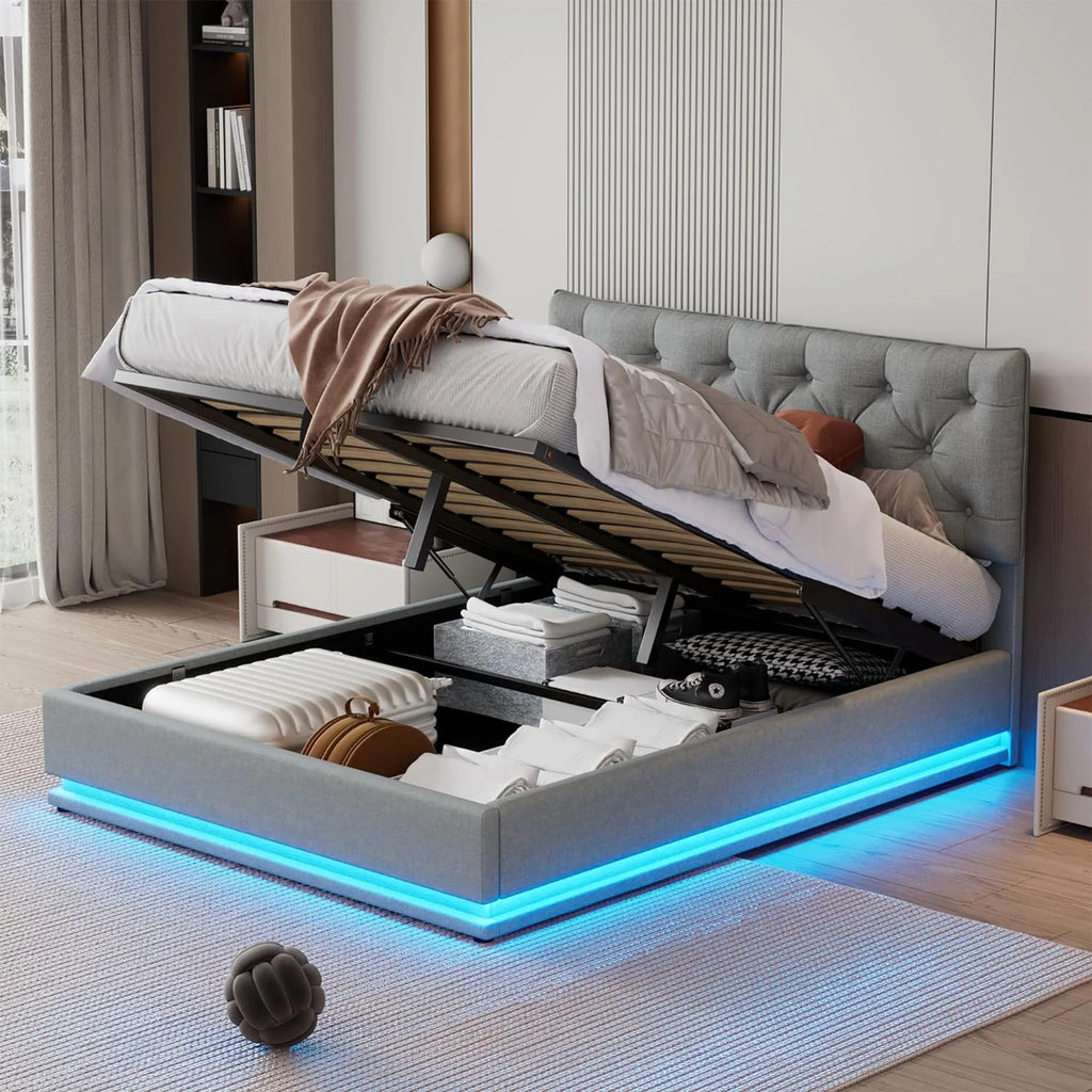 Queen Size Grey Linen Upholstered Storage Bed with LED Lights N311