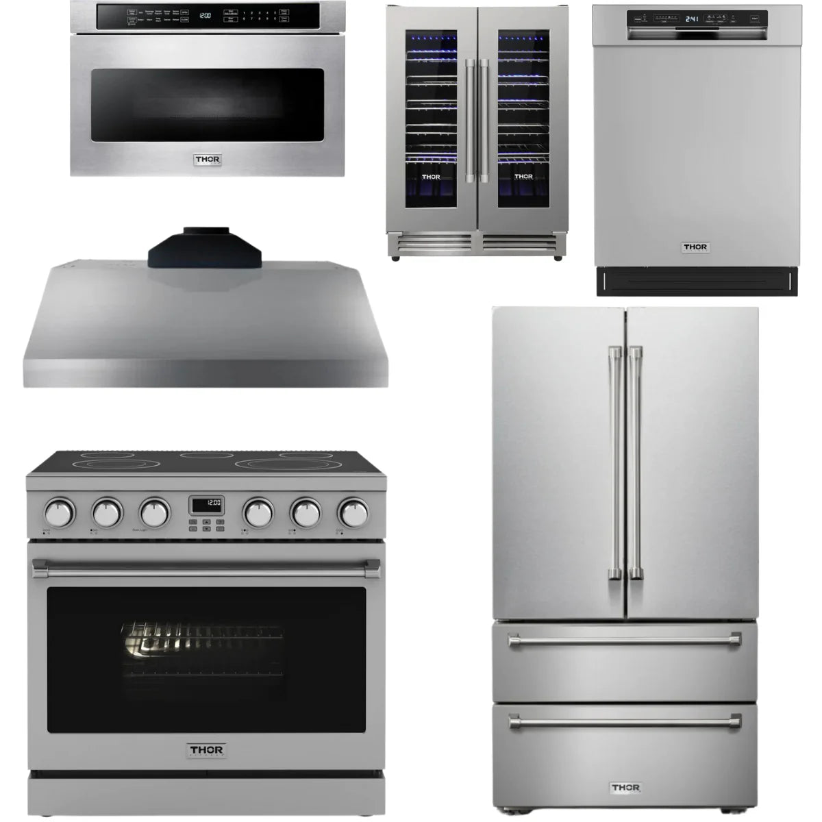 36 Electric Range, Range Hood, Refrigerator, Dishwasher, Microwave and Wine Cooler E697