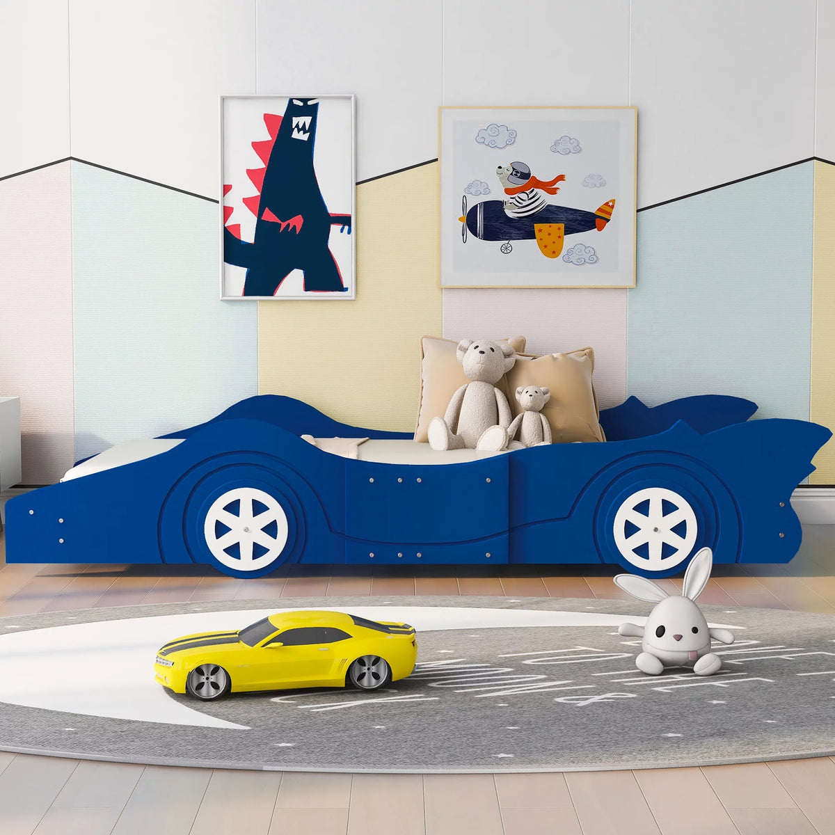 Twin Size Race Car-Shaped Platform Bed with Wheels R3865