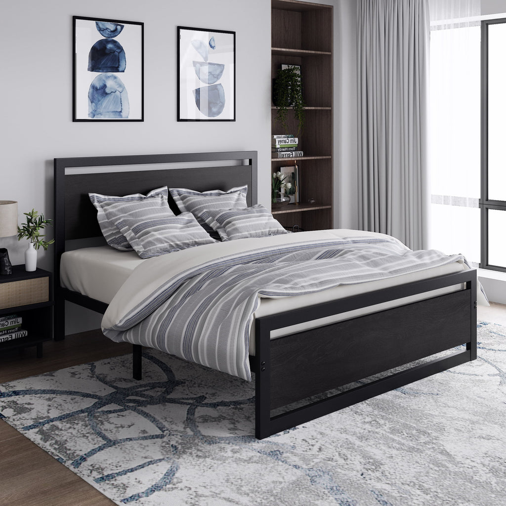 Queen Size Metal Platform Bed Frame with Wooden Headboard Footboard M153816