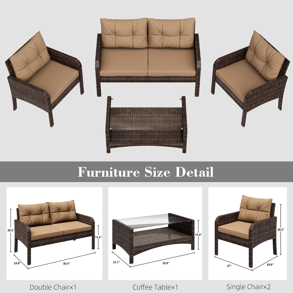 4-Piece Outdoor Rattan Wicker Sofa Set with Cushions & Coffee Table H583629