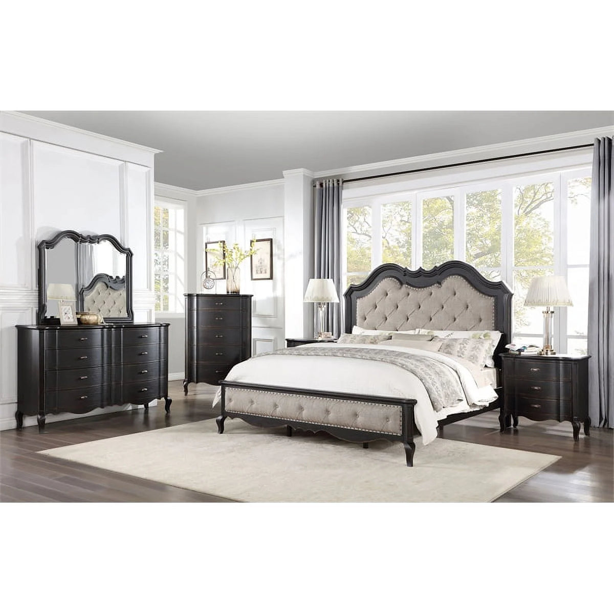 Beige Tufted Fabric Wood Queen Bed J810