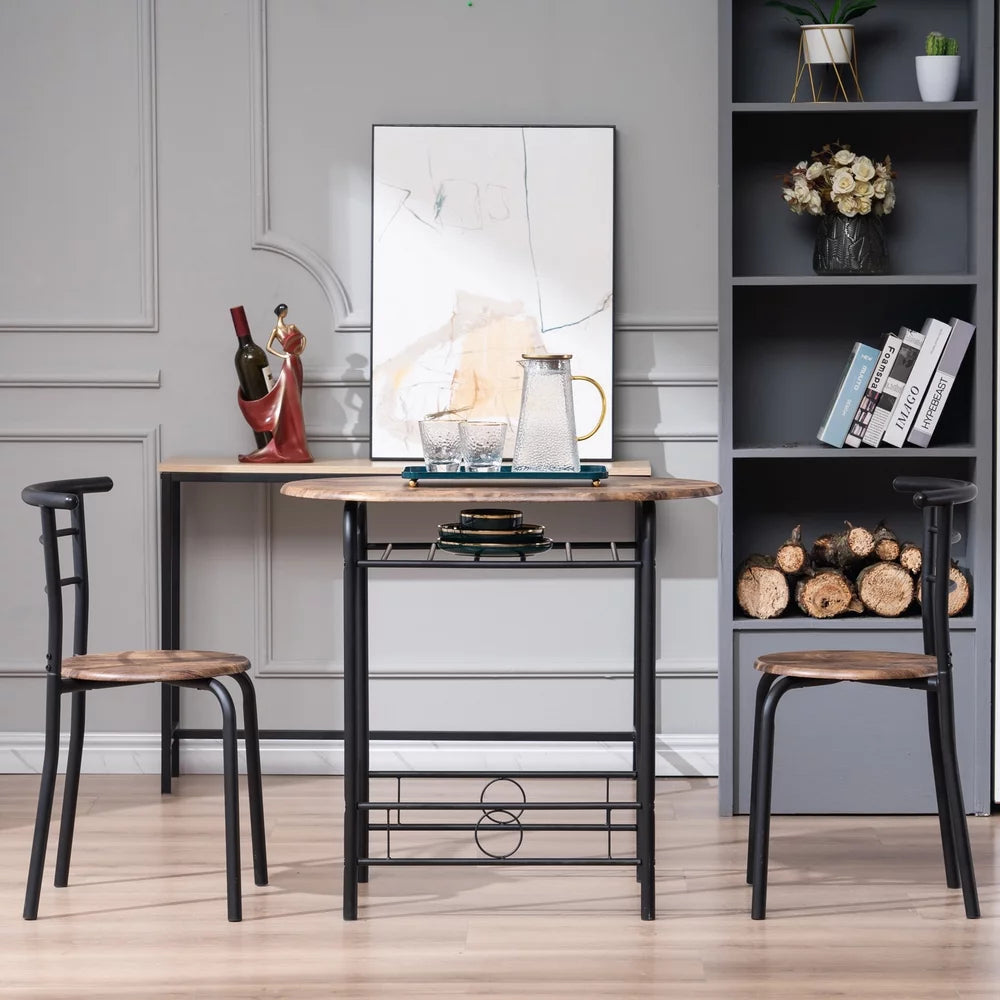 Brown 3 Pieces Dining Table and Chair Set with Storage Rack J448