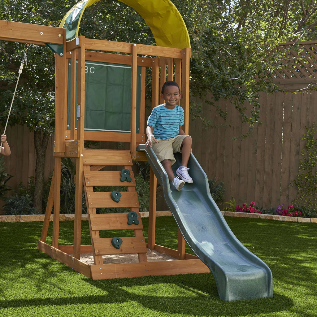 Wooden Outdoor Swing Set with Slide and Rock Wall R415295