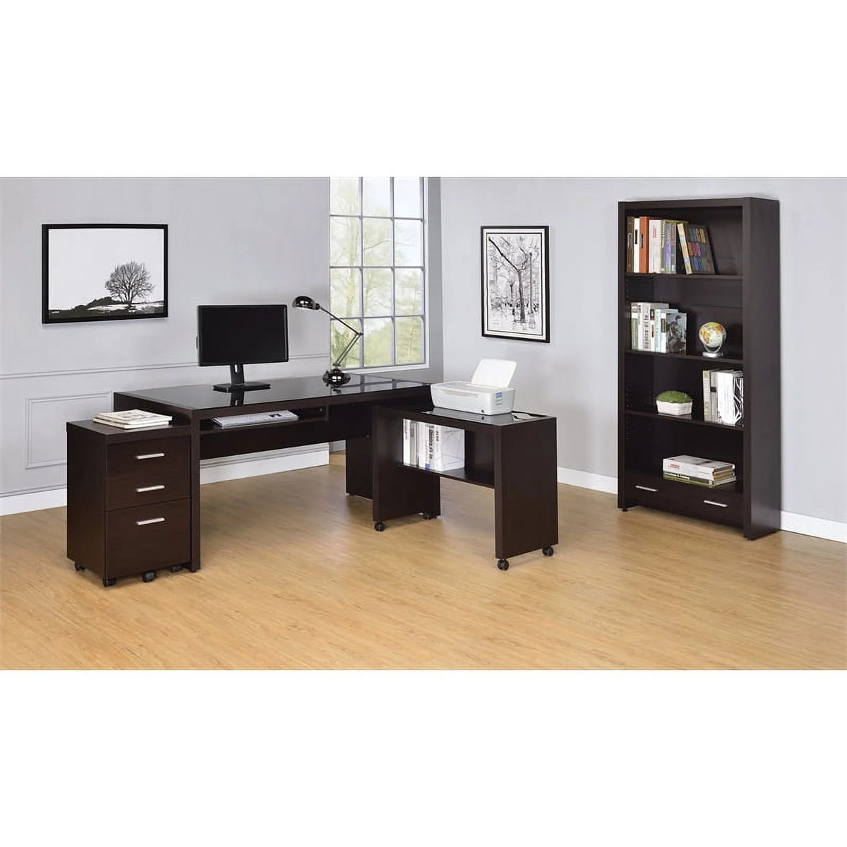 4 Piece Set with Desk Mobile File Cabinet Office Chair and Bookcase J2268