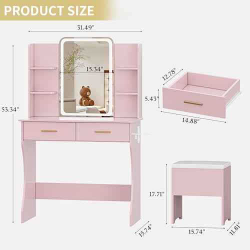 White Vanity Desk with LED Lights Mirror & Chair H709875