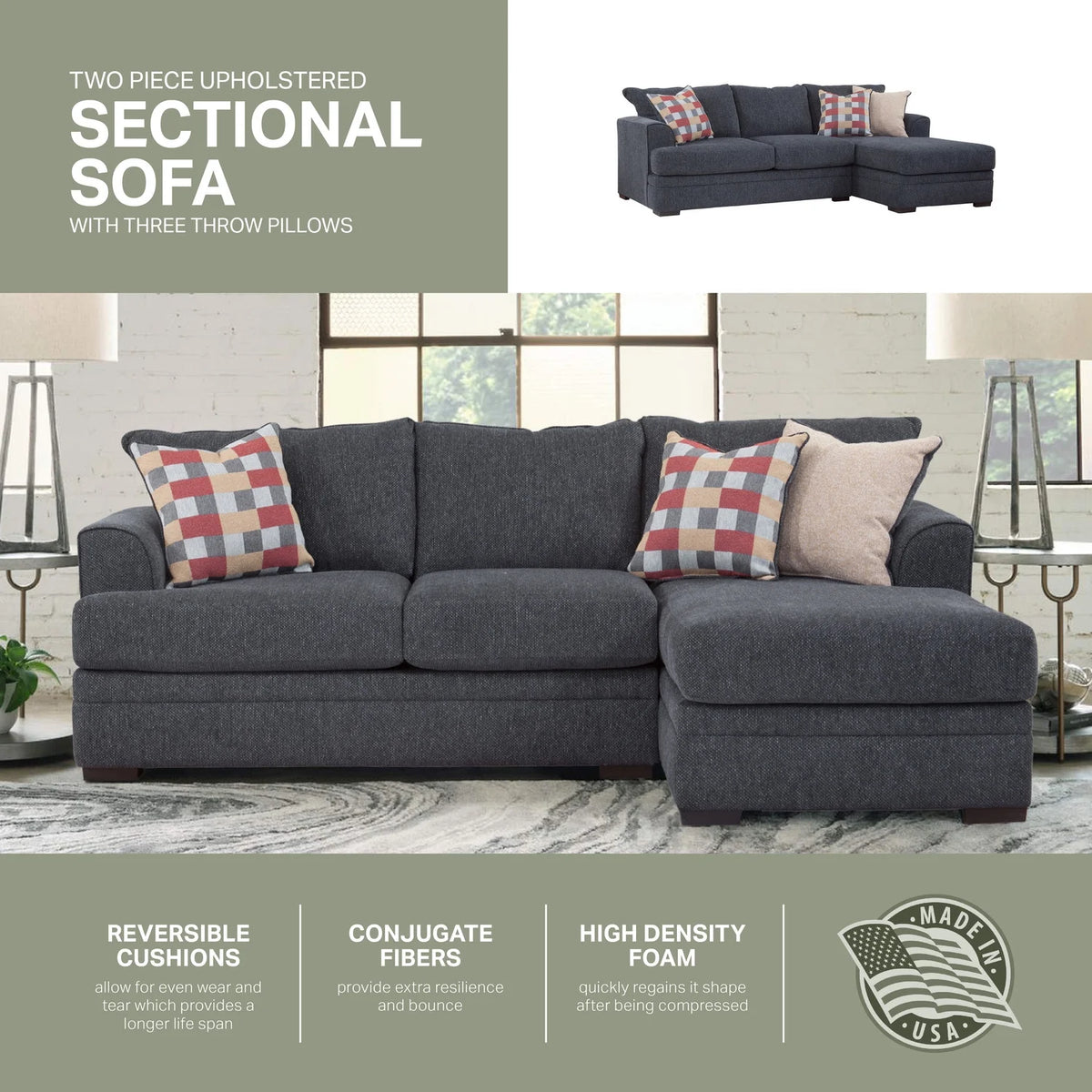 Charcoal Two Piece Sectional Sofa with Three Throw Pillows R4627