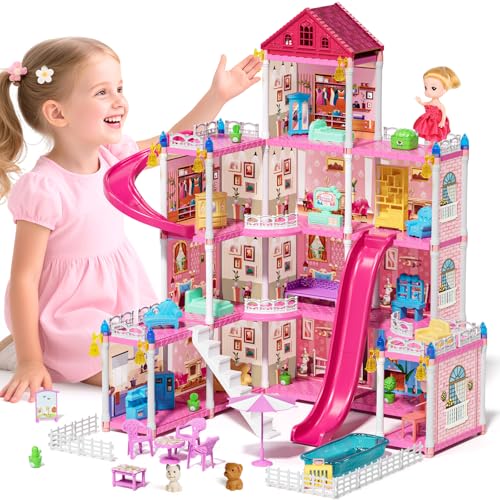 4-Story 12 Rooms Pink Dollhouse with Doll and Furniture J787