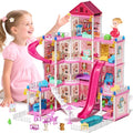 4-Story 12 Rooms Pink Dollhouse with Doll and Furniture J787