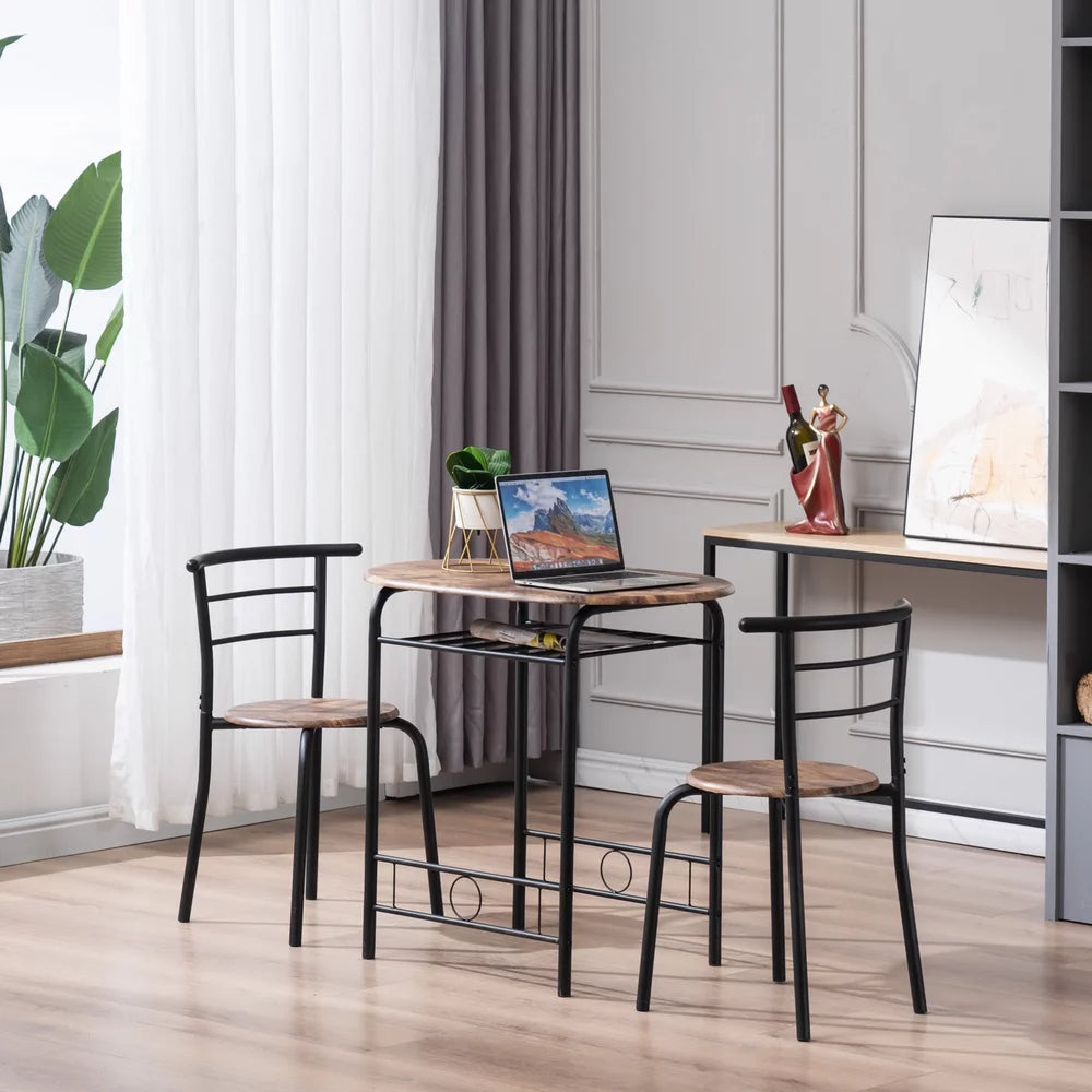 Brown 3 Pieces Dining Table and Chair Set with Storage Rack J448