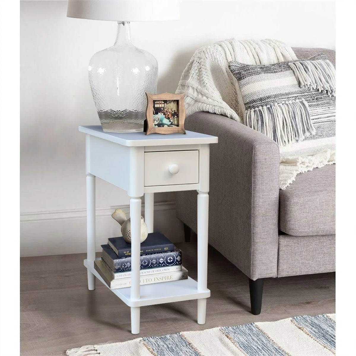 White Narrow Solid Wood Side Table E248