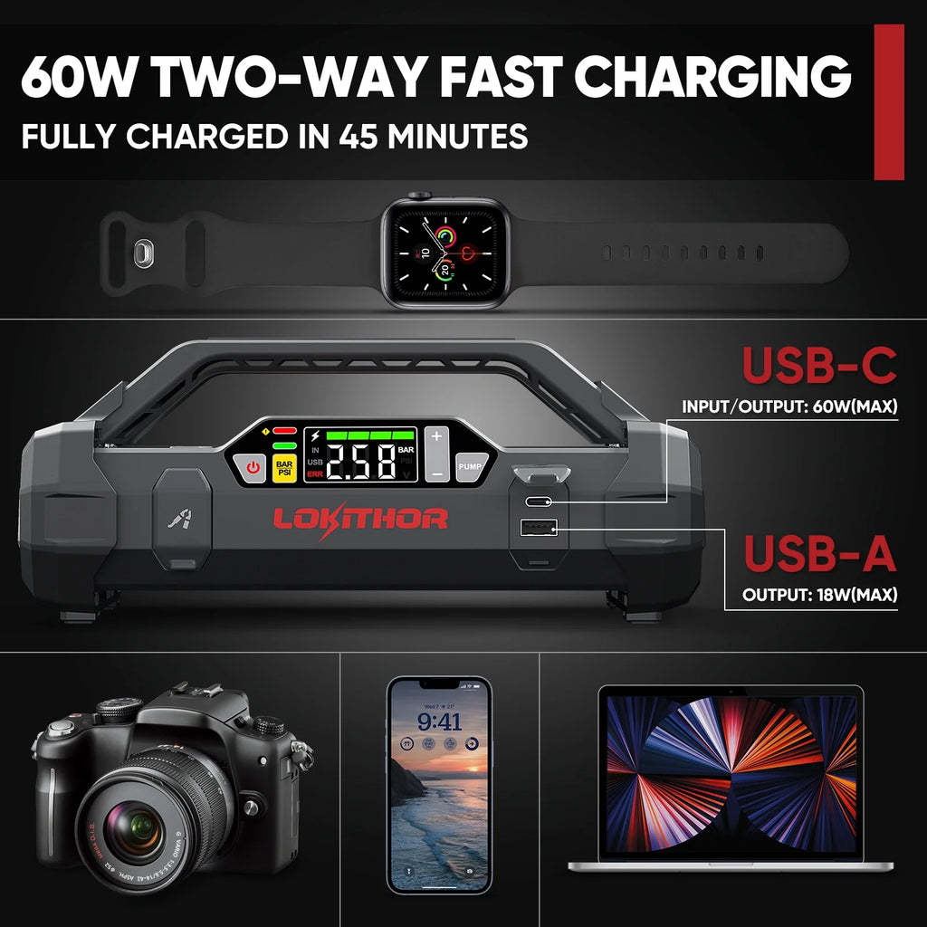 1750A 12V Jump Starter with Air Compressor and 150PSI Digital Tire Inflator F8092