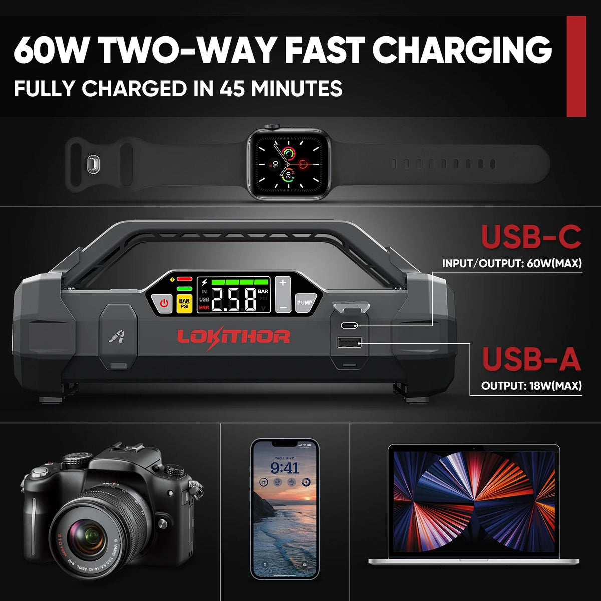 1750A 12V Jump Starter with Air Compressor and 150PSI Digital Tire Inflator F8092