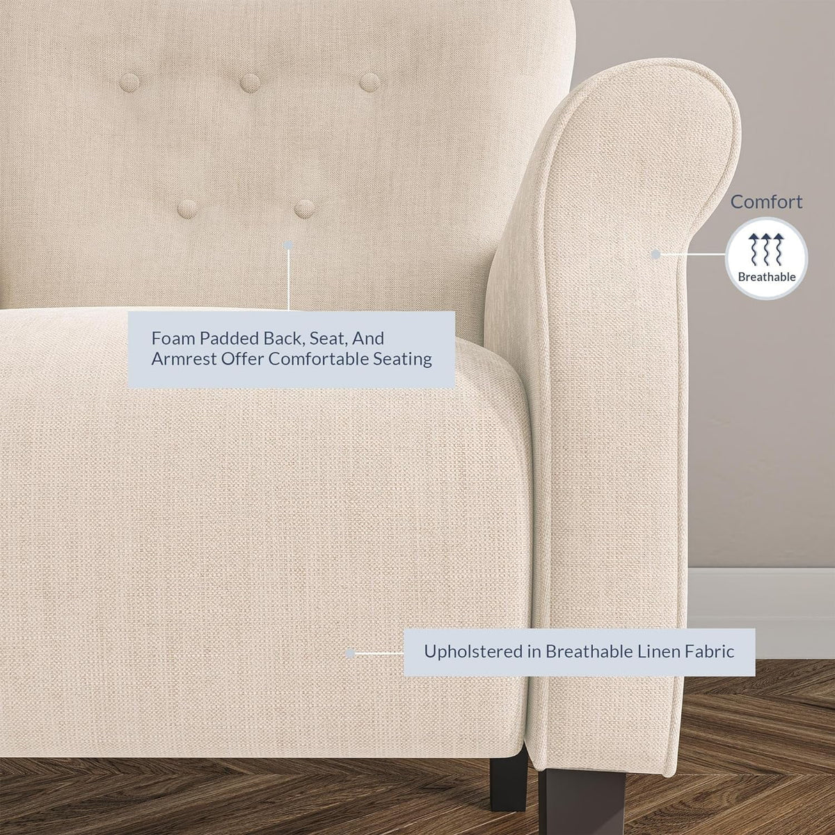 Beige Upholstered High Back Armchair with Wooden Legs L802327