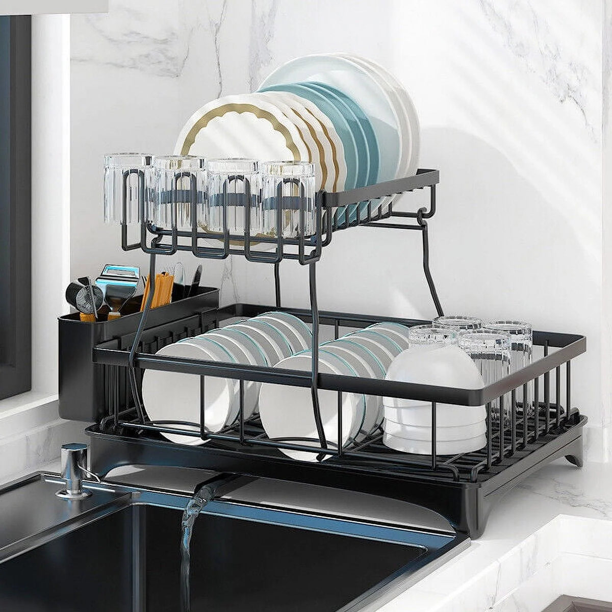 2 Tier Stainless Steel Dish Rack with Drainer J886
