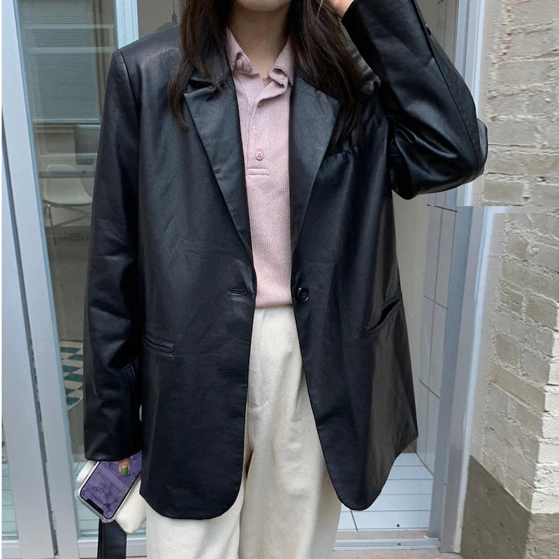 Recycled Vegan Leather One Button Blazer Jacket Z60466