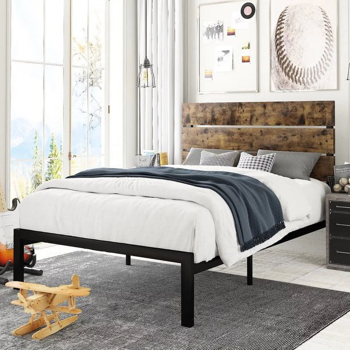 Twin Size Platform Bed Frame with Wood Headboard and Metal Slats C75680