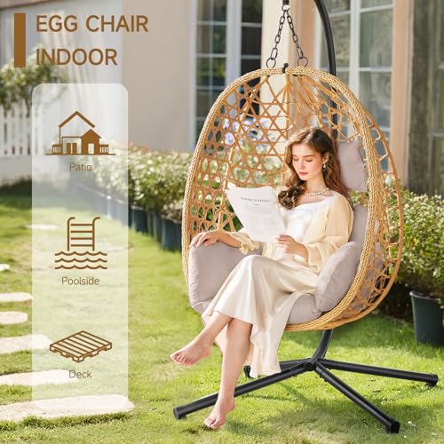 Beige Wicker Rattan Egg Chair with Stand U744530