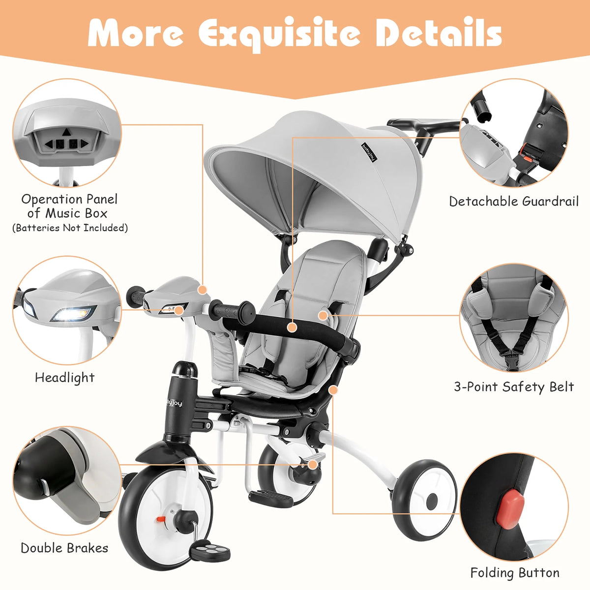 Folding Baby Tricycle Toddler Bike Stroller Gray H199079