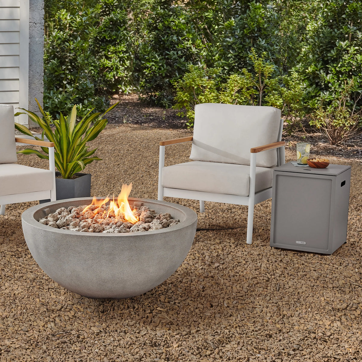 36 Round 65,000 BTU Propane Faux Concrete Fire Pit with Tank Hideaway N186