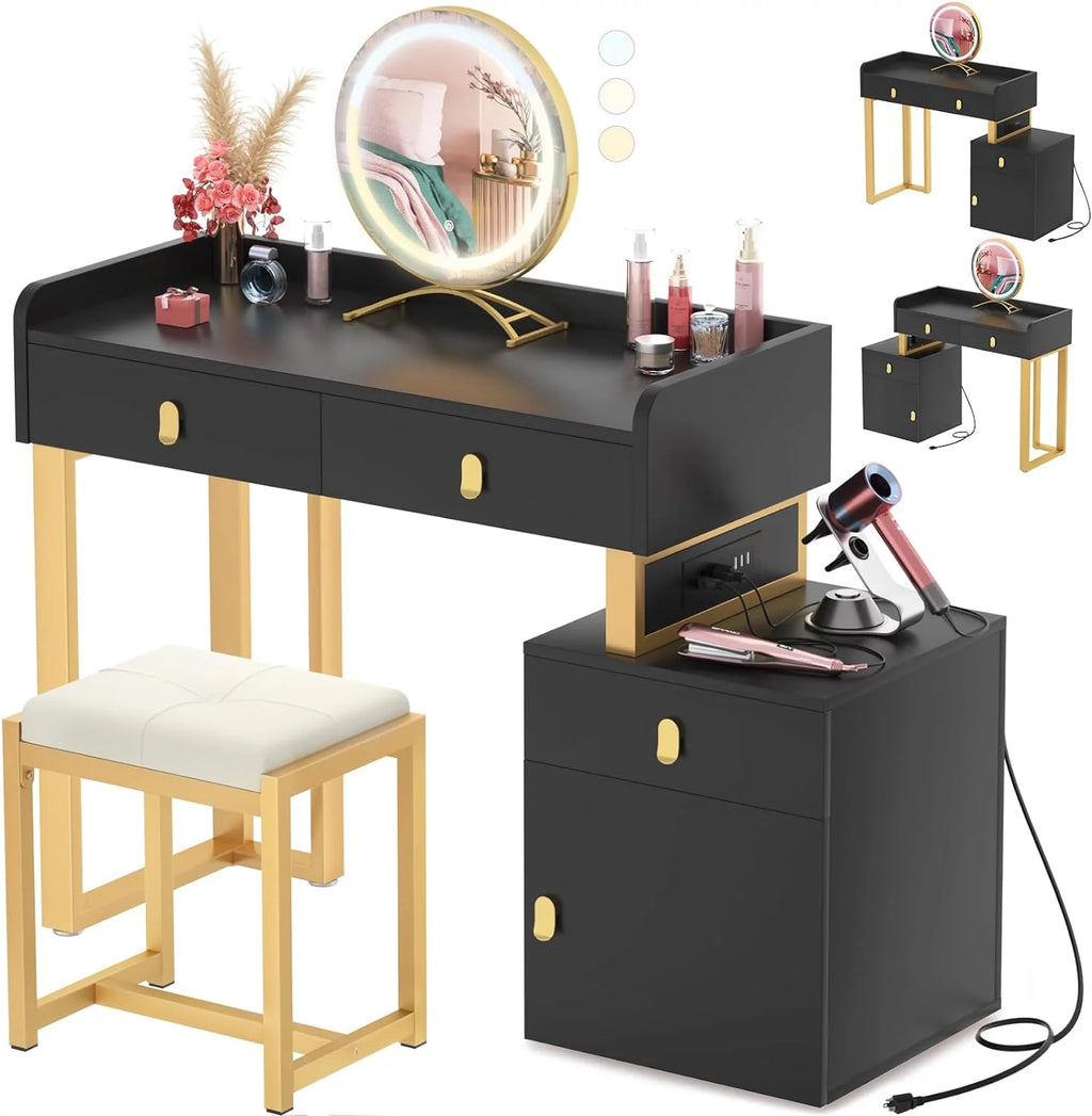 Black Vanity Desk with Lighted Mirror and Chair O780