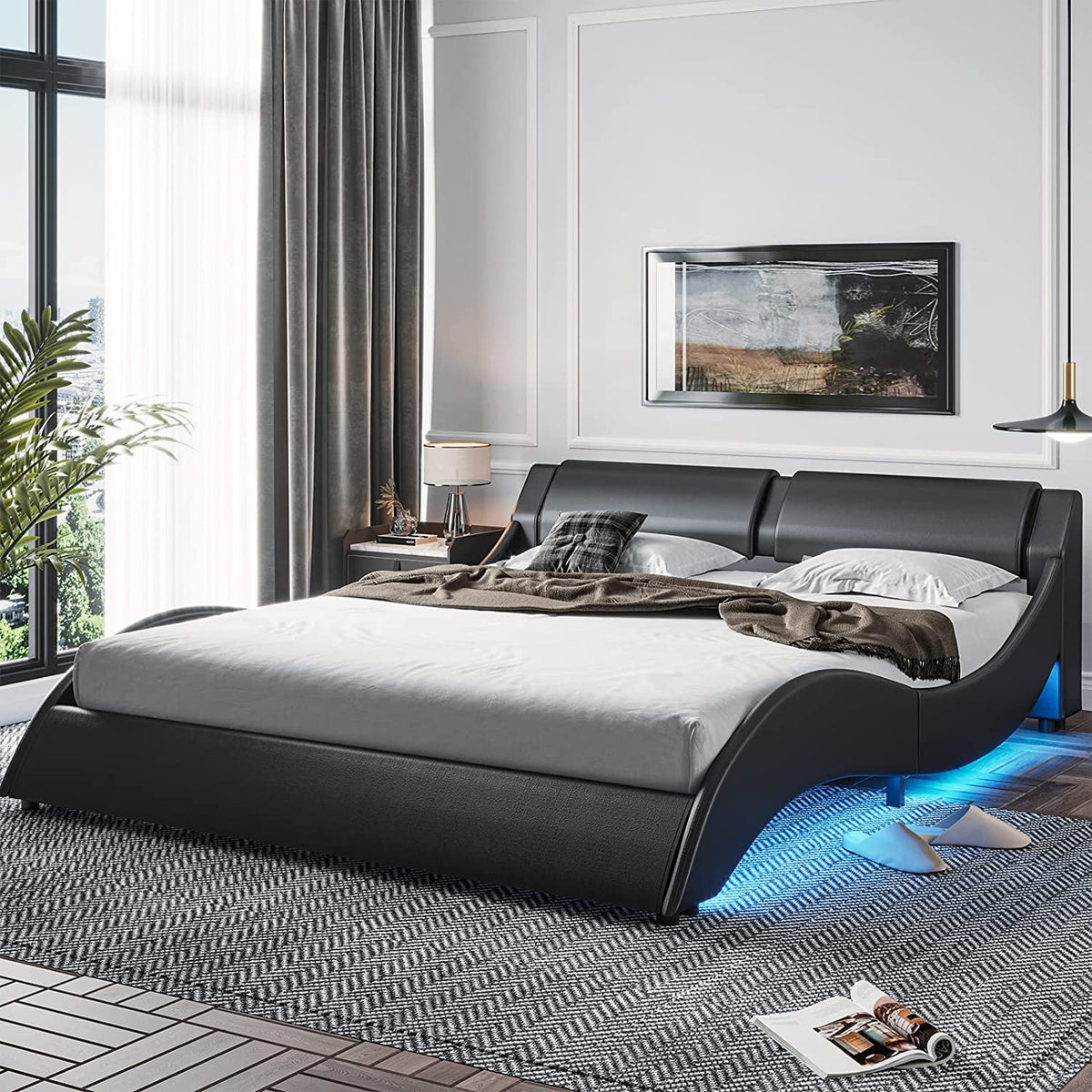 Queen LED Bed Frame with Faux PU Leather Headboard K588673