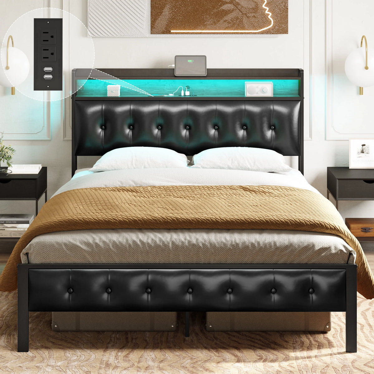 Queen Upholstered Platform Bed Frame with Storage Headboard H128149
