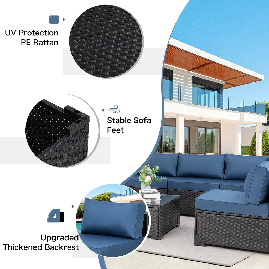 7 Pieces Black Wicker Outdoor Sectional Sofa Set with Tea Table Q666626